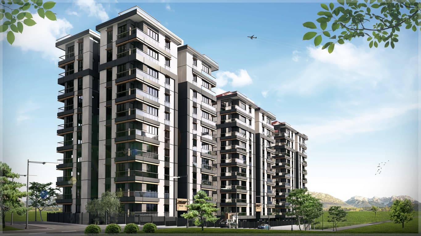 3D architectural render of two modern mid-rise residential buildings with glazed balconies