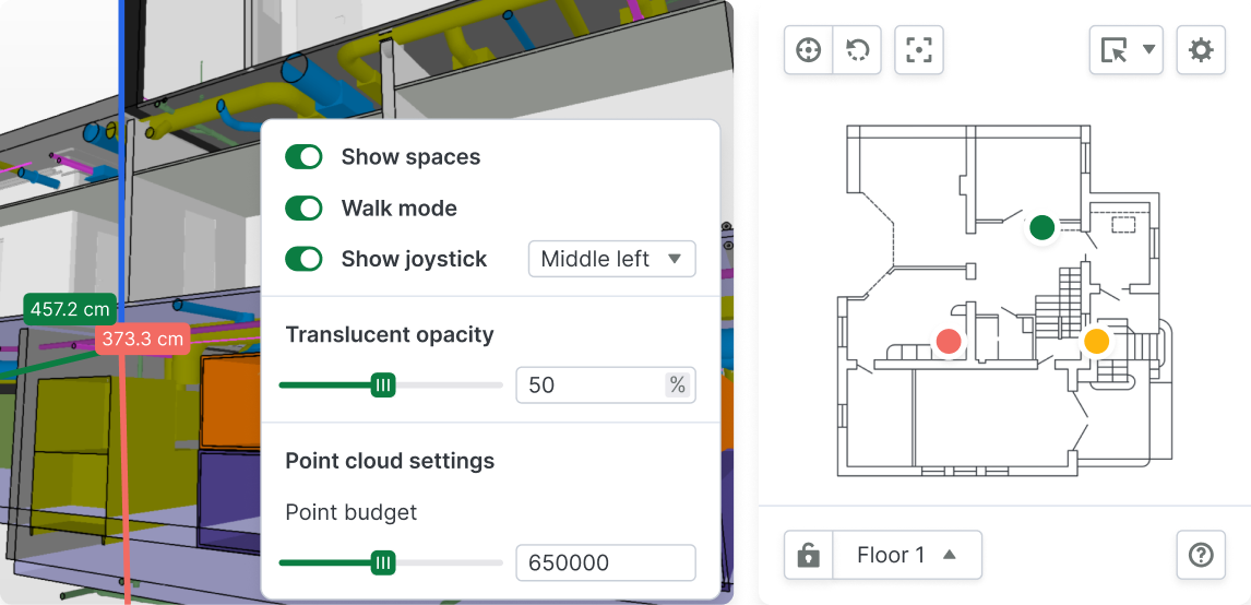 Catenda Hub 3D model viewer with a settings panel for spaces, walk mode and point cloud alongside a 2D floor plan with location markers