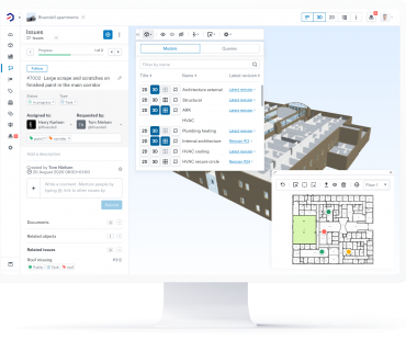 Bimsync dashboard visualization, 3D models, issue management, and document library