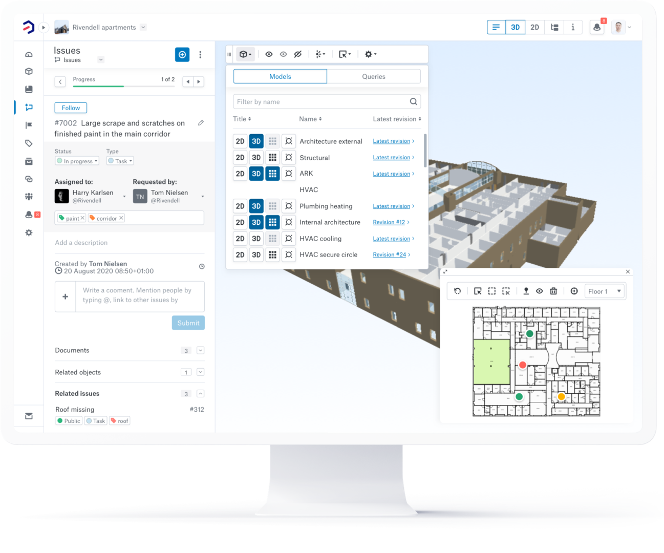 Bimsync dashboard visualization, 3D models, issue management, and document library