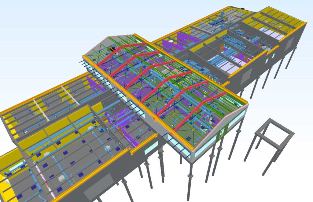 3D Model of a Industrial building, heavy equipment storage. Each line type with different colours