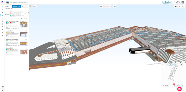 3D model in Catenda Hub showing a big warehouse. At the bottom right is a 2D plan and on the left are the issues displayed