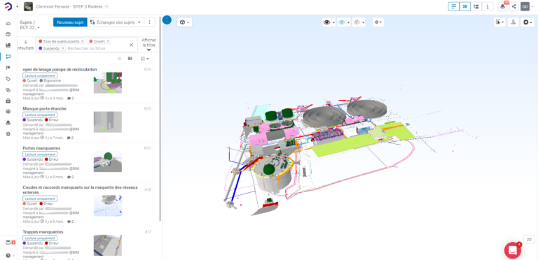 Catenda Hub interface showing a 3d model on the right and issues on the left