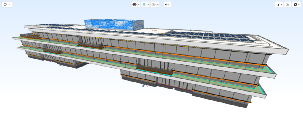 3D model visualisation through Catenda Hub, showing a building from the front