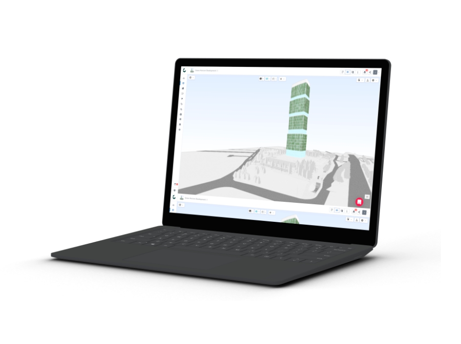 Catenda Hub being displayed on a laptop, showing a 3D model of a skyscraper