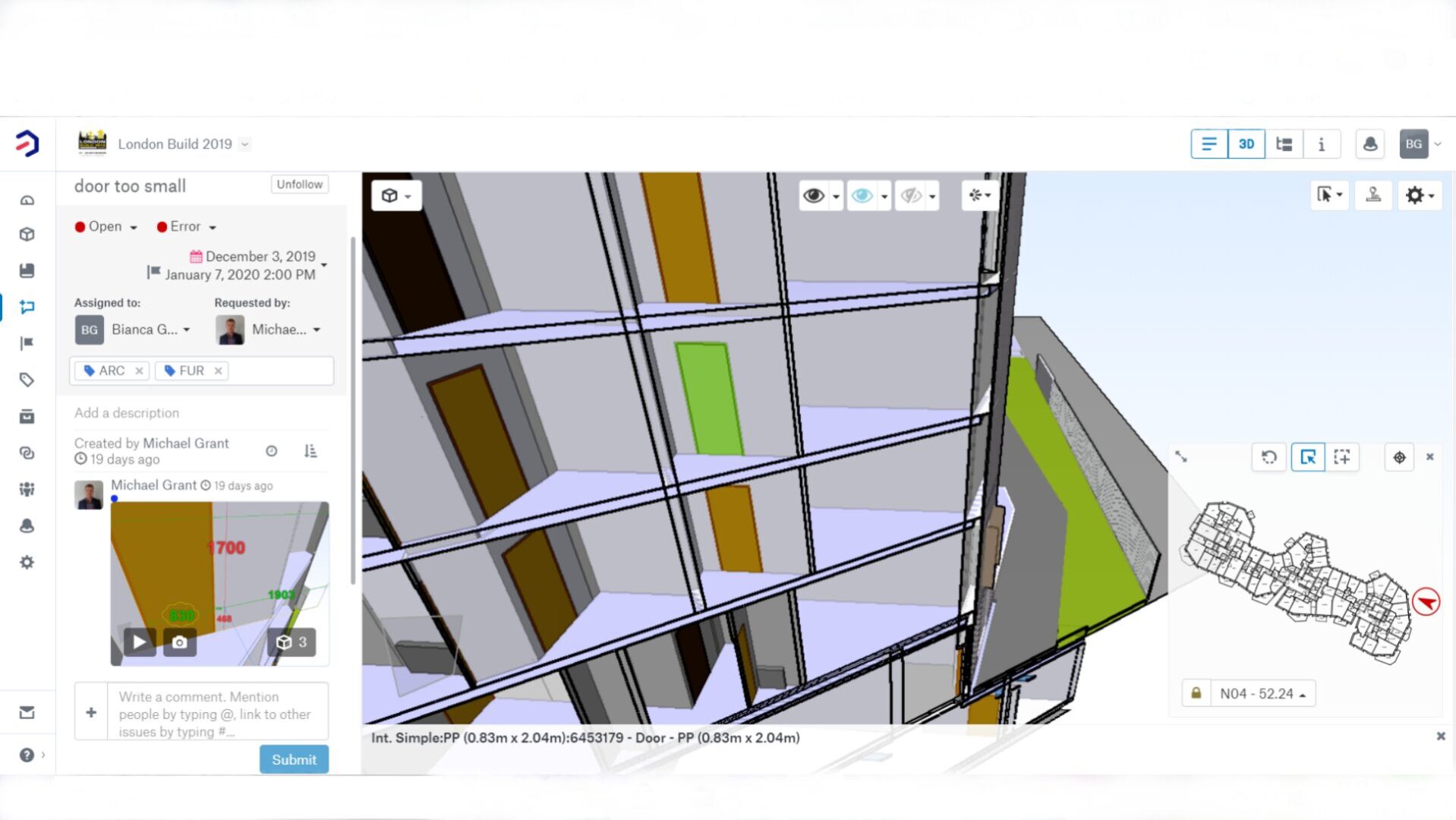 Catenda Hub screenshot of an issue with a too small door in a construction