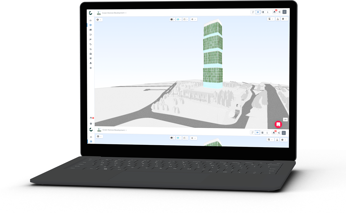 3d model in Catenda hub shown on a laptop. White background behind the laptop