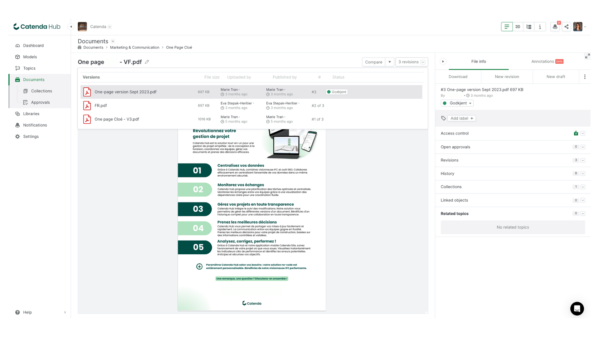 Interface of Catenda Hub collaboration platform - The document comparison feature to showcase the changes between old and updated versions