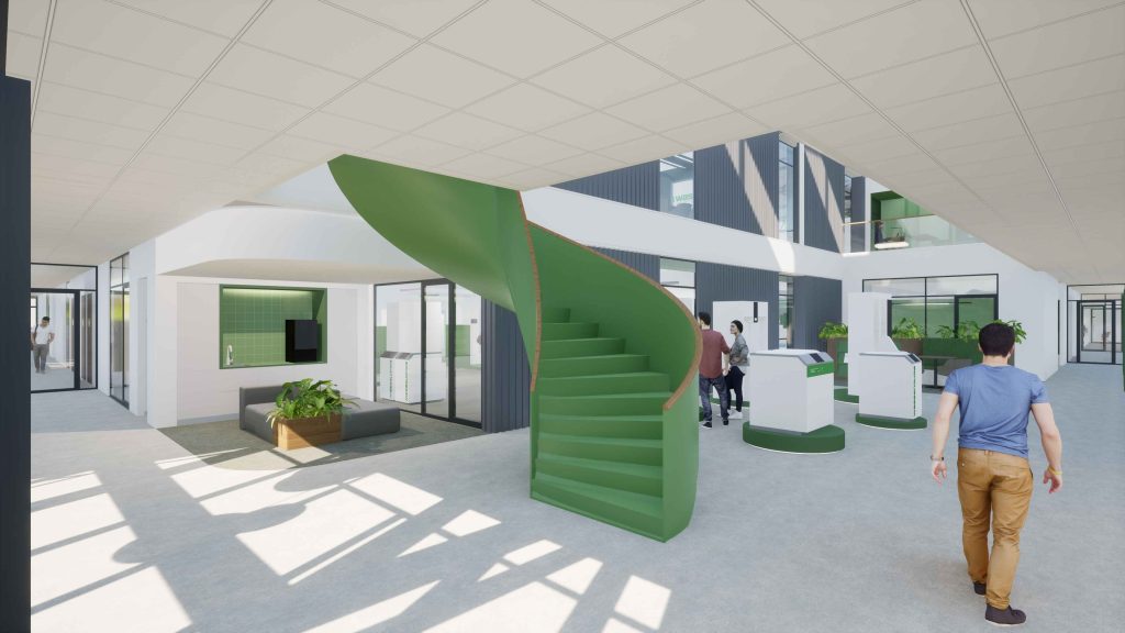 3D interior render of the Wassenburg Medical building showing the central atrium.