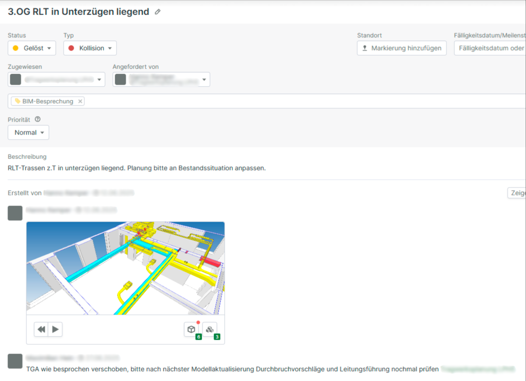 Screenshot eines BCF-Tickets (BIM Collaboration Format) zur Koordination einer Kollision zwischen Lüftungsleitungen und Unterzügen.