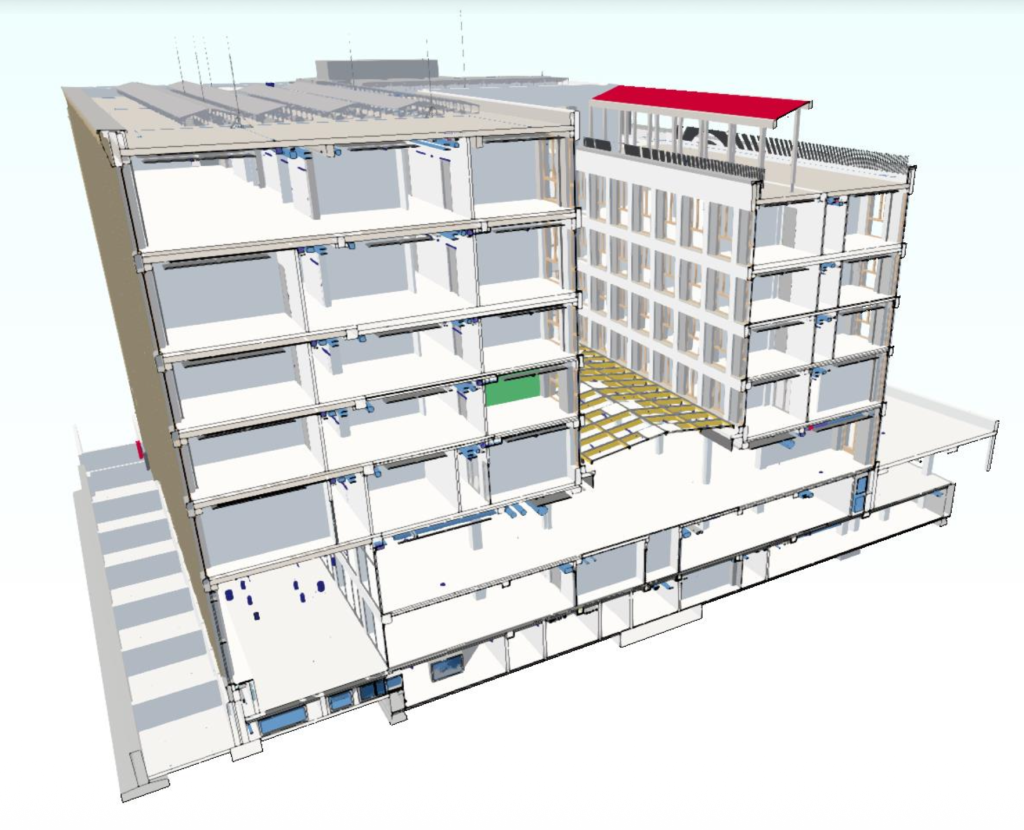 3D BIM cross-section model of the MACO building, showing the internal floor layout, stairs, and integrated MEP systems.