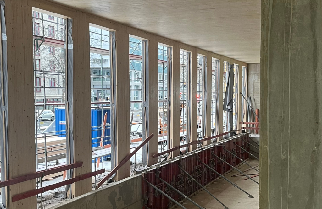 Interior view of the MACO building under construction, highlighting the sustainable mass timber structural columns and floor slabs.