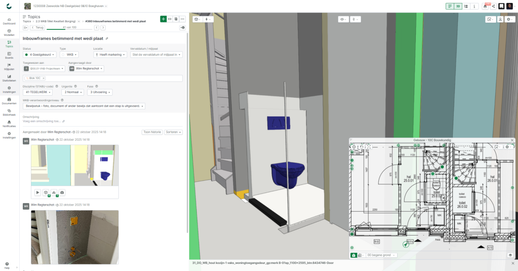 Catenda Hub BIM collaboration platform showing a WKB quality assurance topic with 3D model view and floor plan for a residential project in Zeewolde